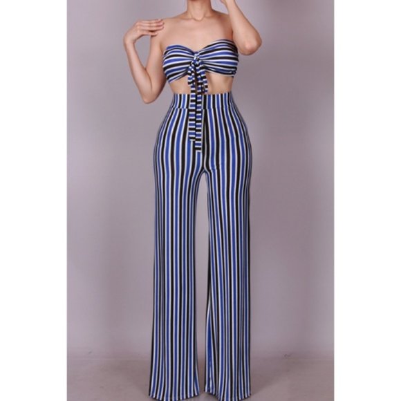 Pants - Blue Striped Strapless Bandeau Top and High Waist Wide Leg Pants Two Piece Set